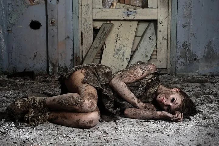 Emily lying on a dirt-covered floor in a distressed setting.