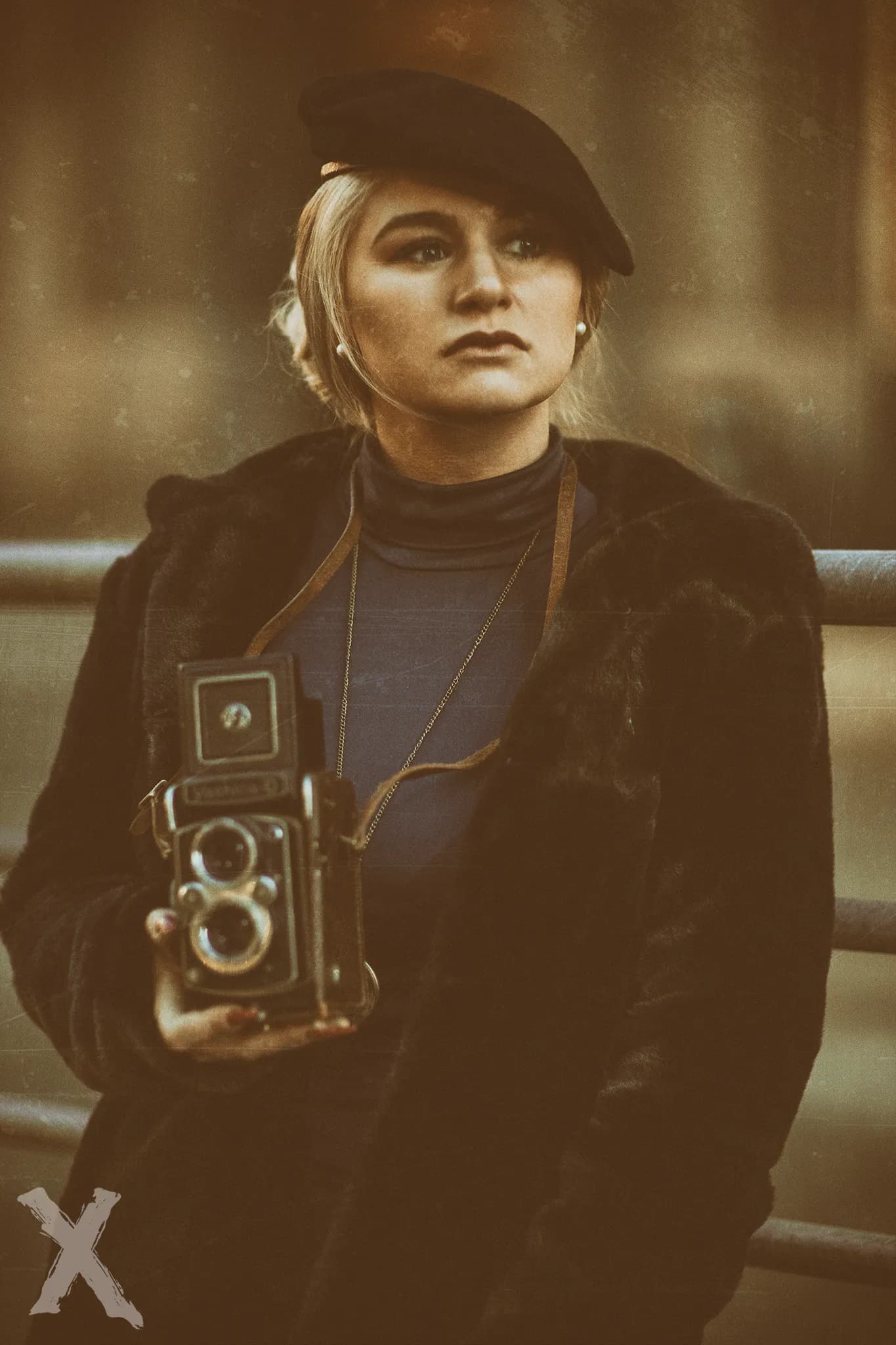 Emily holding a vintage camera, wearing a beret and a dark coat.